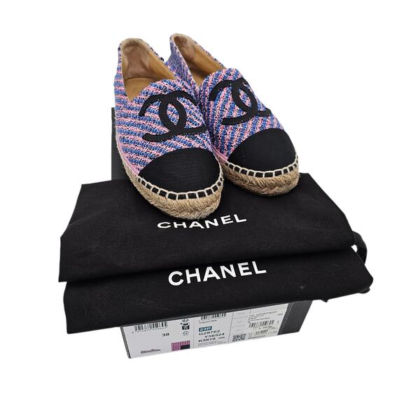 Chanel 23P CC Tweed Blue Pink Black Espadrille Cap Toe Slip On Size 38 US 7 7.5 - Picture 3 of 10
